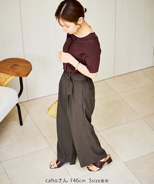 uvカット ワイドパンツ パンツ 「cahoさんコラボ」低身長・小柄さんサイズ エアリーリネンライク タックワイドパンツ レディースの画像