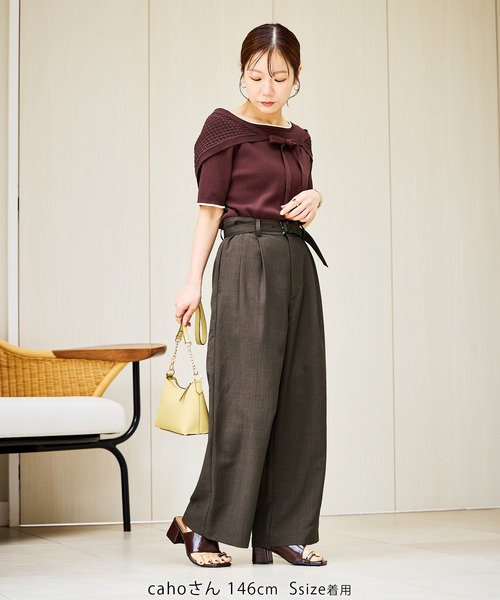 uvカット ワイドパンツ パンツ 「cahoさんコラボ」低身長・小柄さんサイズ エアリーリネンライク タックワイドパンツ レディースの画像