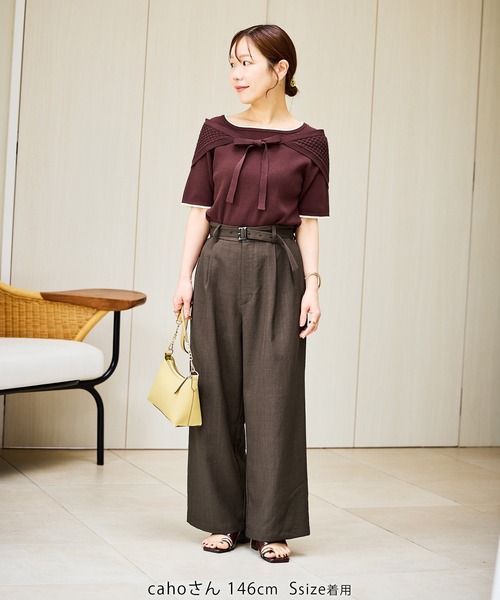uvカット ワイドパンツ パンツ 「cahoさんコラボ」低身長・小柄さんサイズ エアリーリネンライク タックワイドパンツ レディースの画像