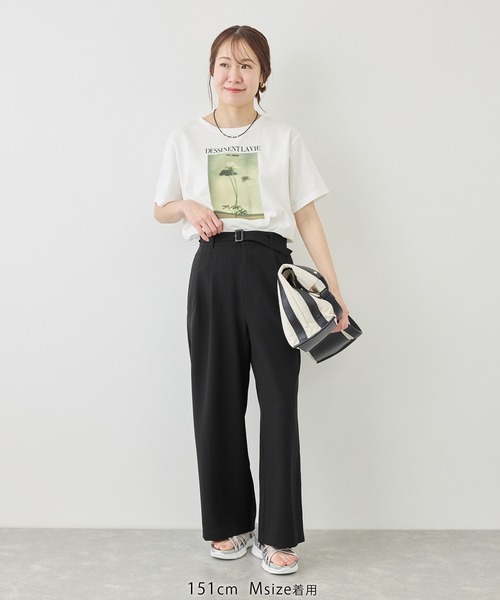 uvカット ワイドパンツ パンツ 「cahoさんコラボ」低身長・小柄さんサイズ エアリーリネンライク タックワイドパンツ レディースの画像