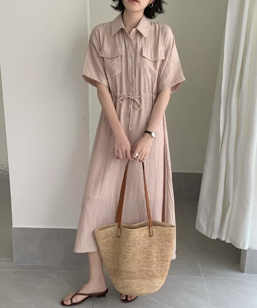 COCOMOMO ワンピース 夏 半袖 大人ナチュラル リネン混ワッシャー