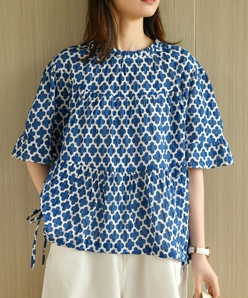 「ONEP STAR」 半袖ブラウス LARGE ブルー レディース_画像3
