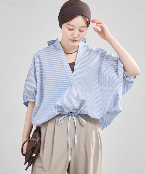 IENA（イエナ） ブラウス シャツ 半袖 ストライプ ドロスト BOXYシャツ
