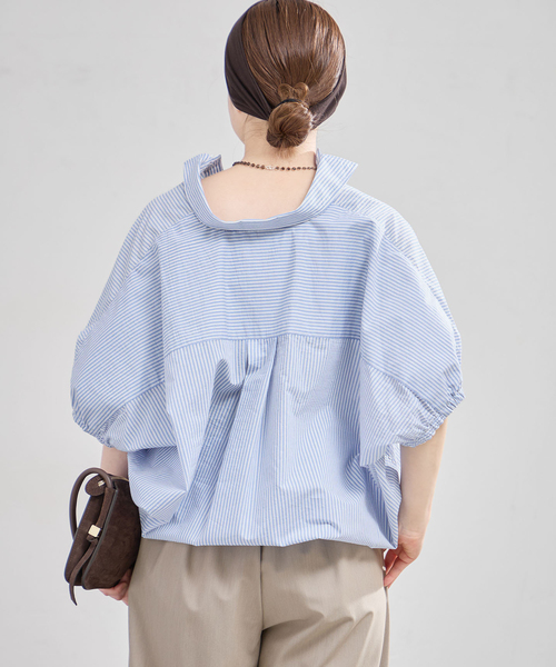 IENA（イエナ） ブラウス シャツ 半袖 ストライプ ドロスト BOXYシャツ