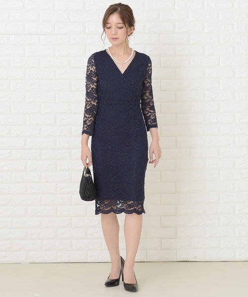 Lace Ladies 総レースVネックドレス ブラック XL セール】Vネック 総レース フォーマルタイトワンピースドレス