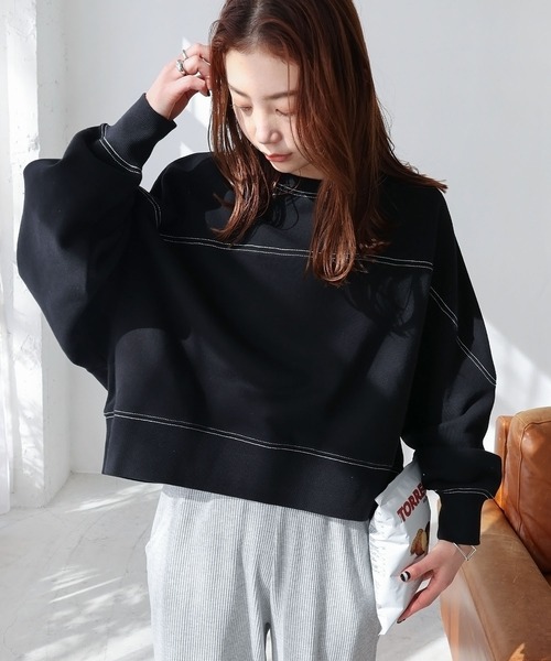 b4158【サジェッション】レディース　スウェット　長袖　ピンクベージュ　M andme トレーナー スウェット 裏毛配色ステッチ長袖スウェット