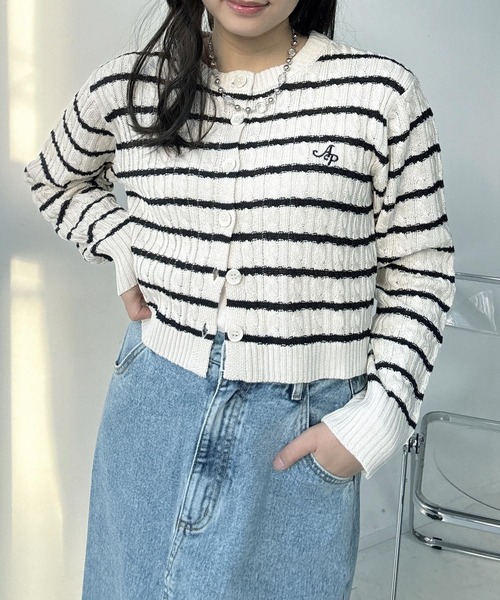 AS KNOW AS（アズノゥアズ） カーディガン ロゴ刺繍 ケーブル編み