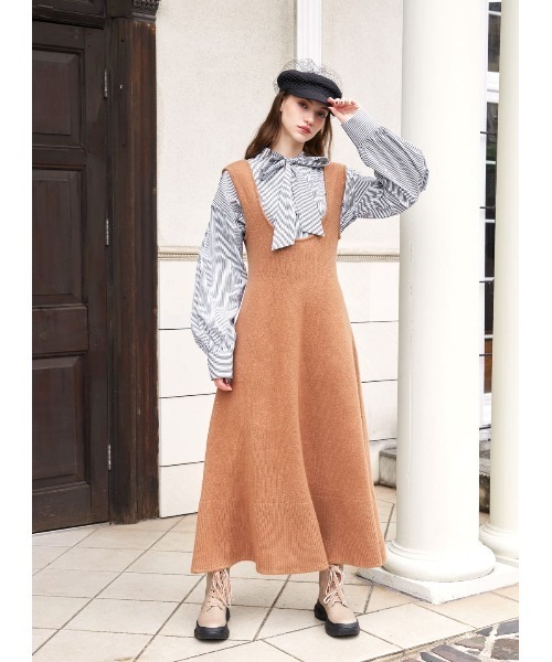 コエル ラメニットジャンパースカート ミモレ ロング 38 M キャメル 