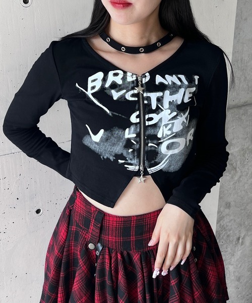 tシャツ チョーカー付きフロントZIPトップス レディース