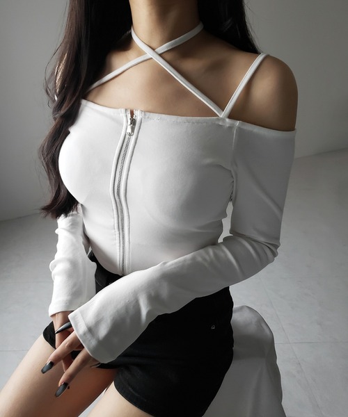 tシャツ ショルダーファスナーTOPS レディース me+em select tシャツ 「 3color ／ カップ付 」フロントジップ