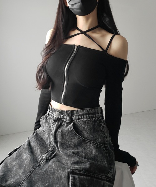 BPN 姫袖オフショルトップス me+em select tシャツ 「 3color ／ カップ付 」フロントジップ