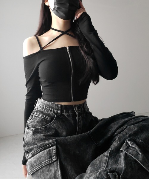 tシャツ ショルダーファスナーTOPS レディース SLY tシャツ OFFSHOULDER FRONT ZIP TOPS オフショルダー