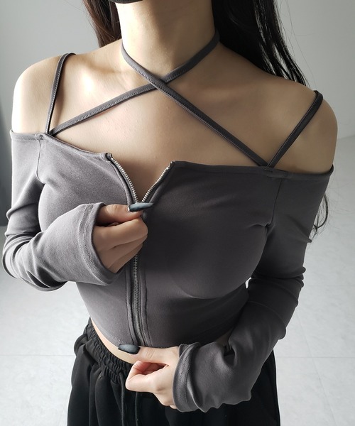 me+em select tシャツ 「 3color ／ カップ付 」フロントジップ
