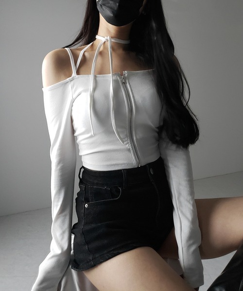 トップス me me+em select tシャツ 「 3color ／ カップ付 」フロントジップ