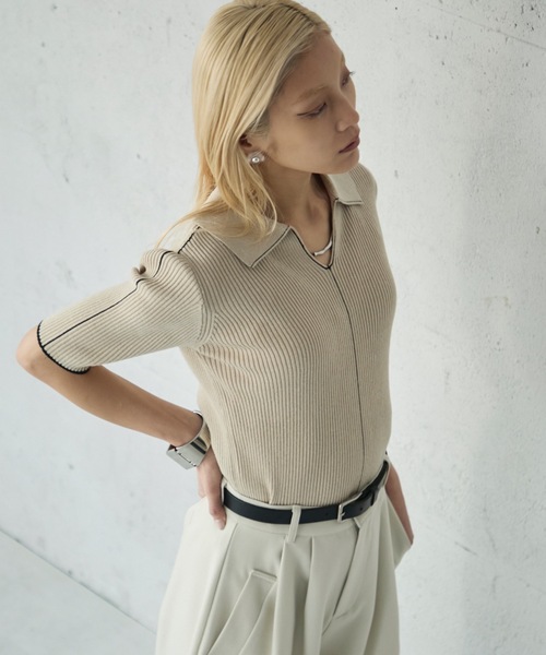 リボン付き クリーム 色半袖 ニット ポロ ポロニット Heather｜Wカラーポロニット(半袖) | Rakuten Fashion(楽天