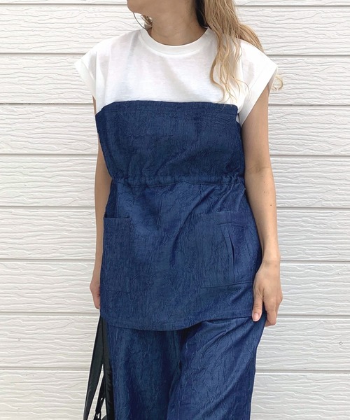 tシャツ デニム風シワ加工ドッキングTシャツ レディース