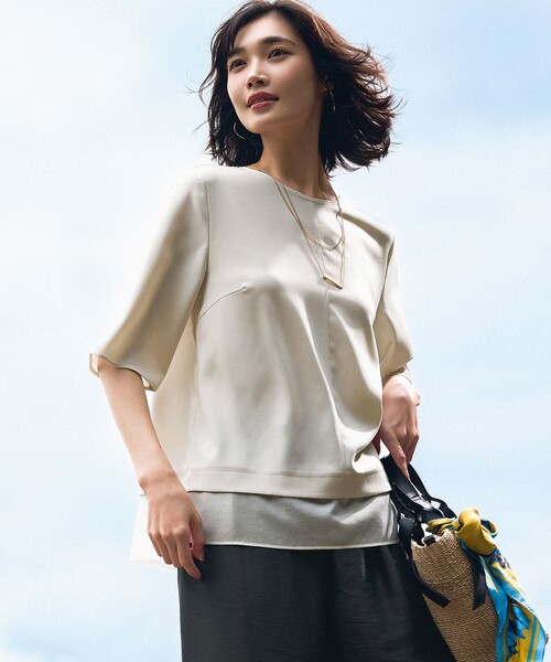 uvカット tシャツ ストレッチジョーゼット シアーコンビ カットソー レディースの画像