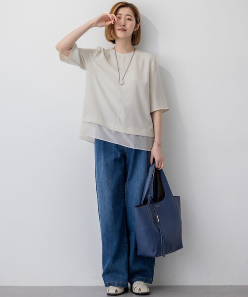 uvカット tシャツ ストレッチジョーゼット シアーコンビ カットソー レディースの画像