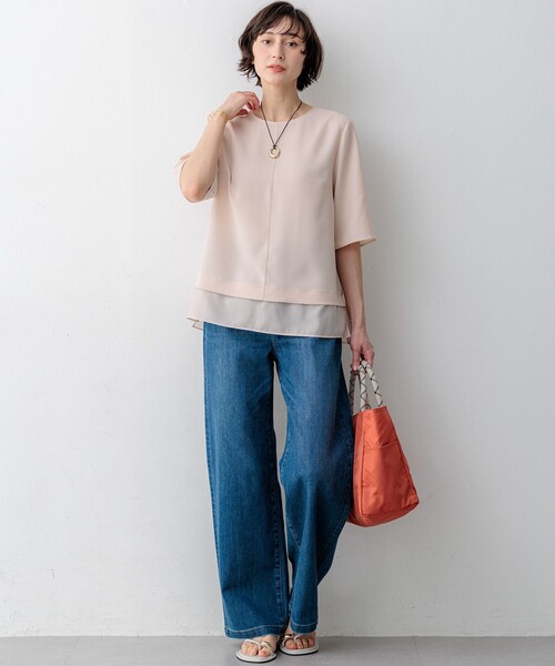 uvカット tシャツ ストレッチジョーゼット シアーコンビ カットソー レディースの画像