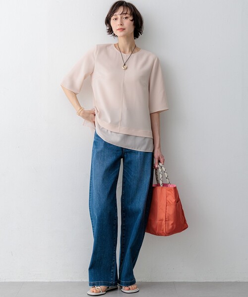 uvカット tシャツ ストレッチジョーゼット シアーコンビ カットソー レディースの画像