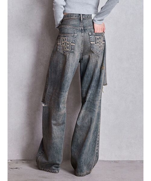 【新品未使用】GYDA BOYFRIENDダメージデニムパンツ セール】ハイウエスト KNEEダメージワイドデニムパンツ（デニム