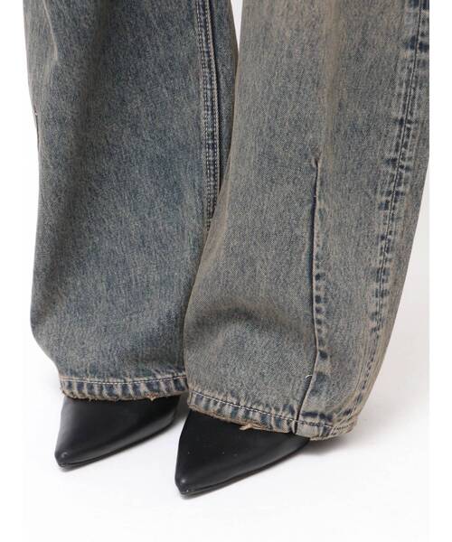 nagonstans☆赤ステッチ☆タック入り☆ハイウエスト☆カーヴィデニムパンツ 秋再入荷]ヴィンテージウォッシュタック入りワイドデニムパンツ