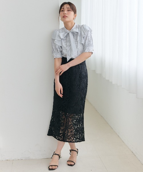 ブラウス シャツ リボンタイストライプブラウス レディース AND COUTURE ブラウス シャツ リボンタイストライプブラウス