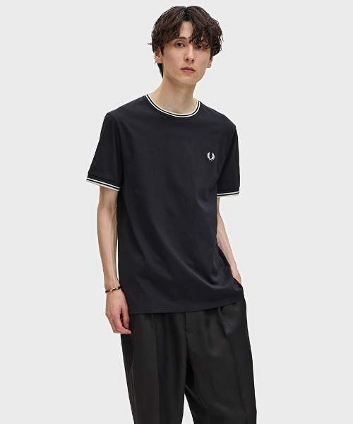 新品★FRED PERRY ブラック Tシャツ Lサイズ FRED PERRY tシャツ Twin Tipped T-Shirt/ティップラインT