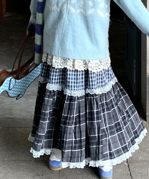 DIAVEL スカート 「3色展開」レースフリルギンガムスカート/25秋冬新作