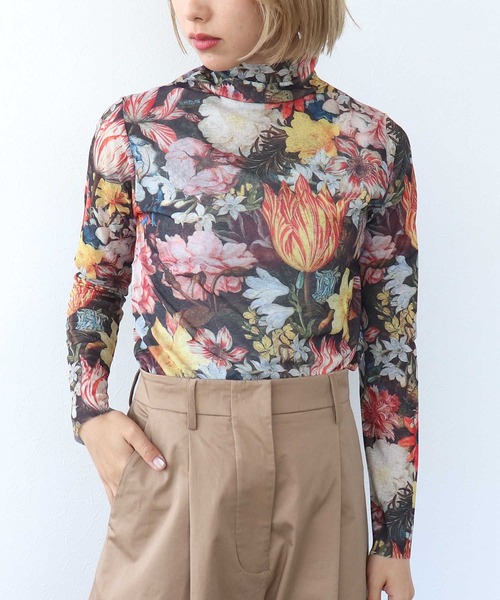 tシャツ レトロフラワー柄シアープルオーバー レディース