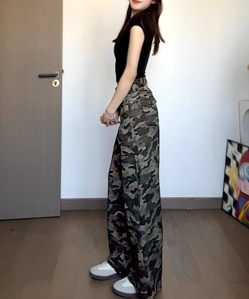 Kuroba ワイドパンツ パンツ 迷彩柄ワイドルーズパンツ レディース