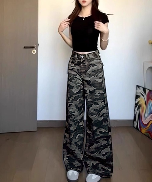 Kuroba ワイドパンツ パンツ 迷彩柄ワイドルーズパンツ レディース