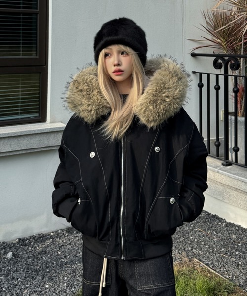 ヤンヤンLadyファーブルゾンのアウター GEMEDA ブルゾン アウター フェイクファー フード付きボアライナー