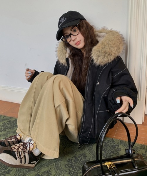 GEMEDA ブルゾン アウター フェイクファー フード付きボアライナー