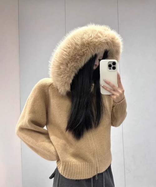パーカー フェイクファー フードジップアップ ニットパーカー