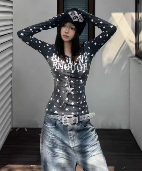 トップス c... AsRiRe tシャツ スター柄/前プリントvネックトップス レディース