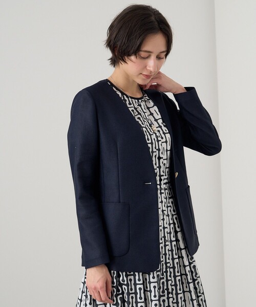 ANAYIネイビー系ノーカラージャケット38サイズ ANAYI（アナイ） ノーカラージャケット 38 ネイビー レディース