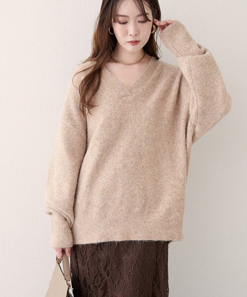 Ruページ 片畦Vネックボクシーパフニット【洗濯機OK】（ニット/セーター