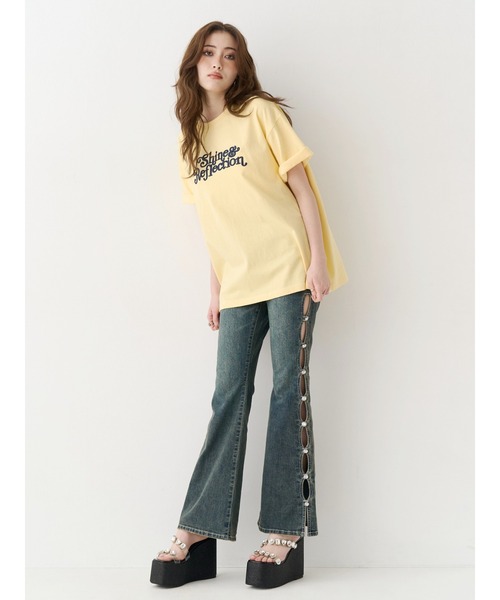 ジーンズ デニム デニムパンツ 「完売色再入荷！」サイドビジューハイウエストフレアデニムパンツ レディースの画像