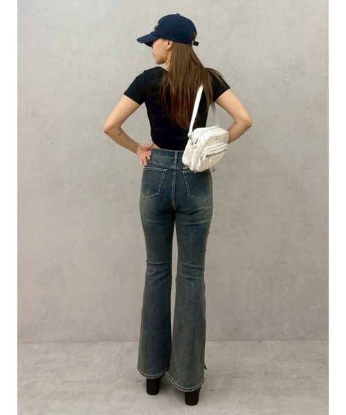 ジーンズ デニム デニムパンツ 「完売色再入荷！」サイドビジューハイウエストフレアデニムパンツ レディースの画像