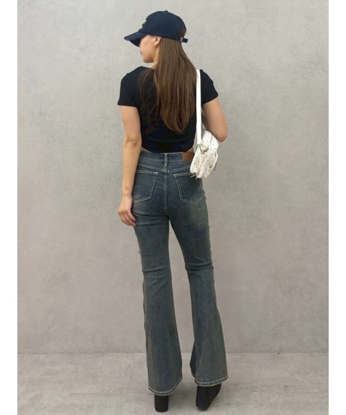ジーンズ デニム デニムパンツ 「完売色再入荷！」サイドビジューハイウエストフレアデニムパンツ レディースの画像