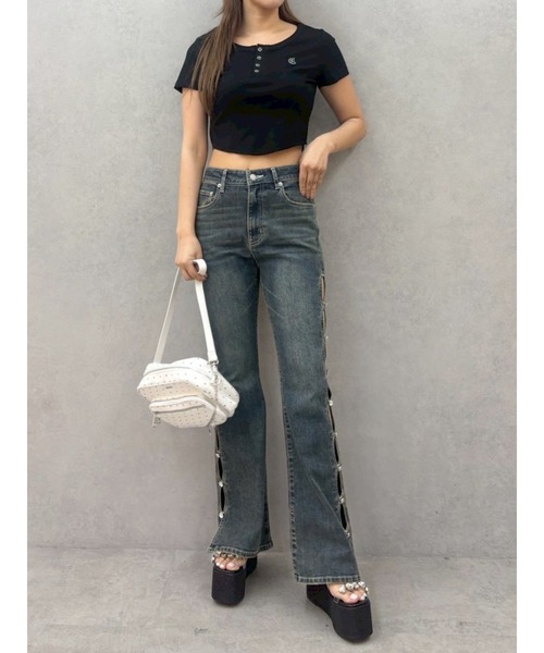 ジーンズ デニム デニムパンツ 「完売色再入荷！」サイドビジューハイウエストフレアデニムパンツ レディースの画像