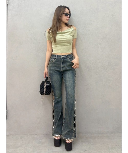 ジーンズ デニム デニムパンツ 「完売色再入荷！」サイドビジューハイウエストフレアデニムパンツ レディースの画像