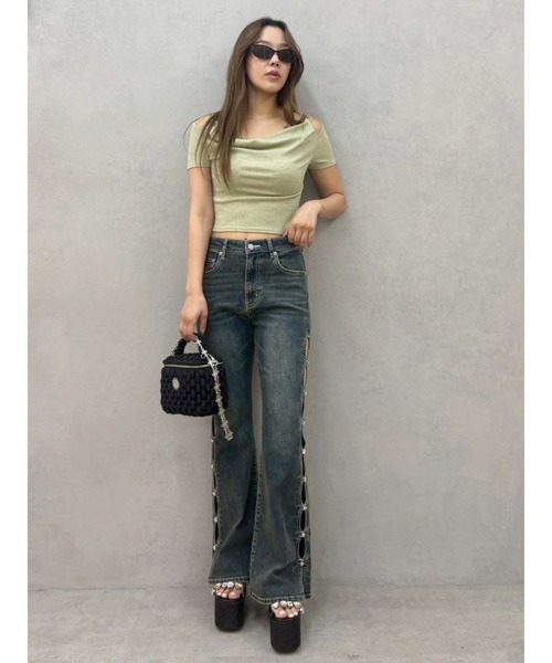 ジーンズ デニム デニムパンツ 「完売色再入荷！」サイドビジューハイウエストフレアデニムパンツ レディースの画像