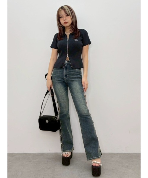 ジーンズ デニム デニムパンツ 「完売色再入荷！」サイドビジューハイウエストフレアデニムパンツ レディースの画像