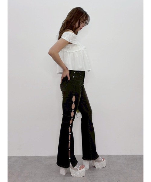 ジーンズ デニム デニムパンツ 「完売色再入荷！」サイドビジューハイウエストフレアデニムパンツ レディースの画像