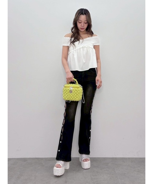 ジーンズ デニム デニムパンツ 「完売色再入荷！」サイドビジューハイウエストフレアデニムパンツ レディースの画像