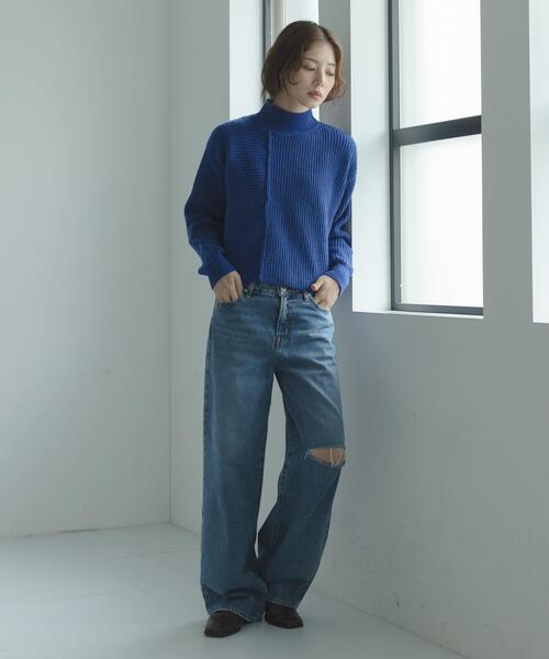 【ブルー】両畦スリットシアーニットプルオーバー URBAN RESEARCH Sonny Label ニット セーター 畦切替えニットプル