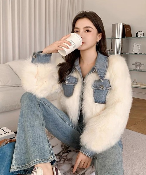 inst.ALL コート アウター クロップド丈デニムドッキングファー