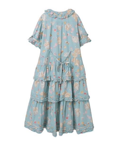 ピンクハウス ノースリーブ ワンピース マキシ ティアード フリル リボン 水色 PINK HOUSE（ピンクハウス） ワンピース 幸見うさぎプリントフリル